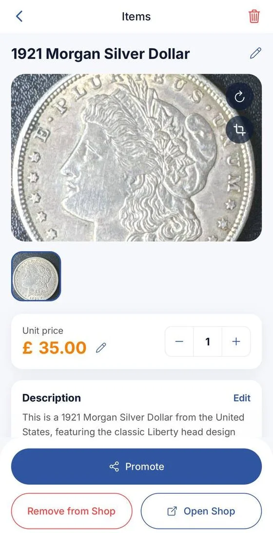 Quidio app: 1921 Morgan Silver Dollar item detail